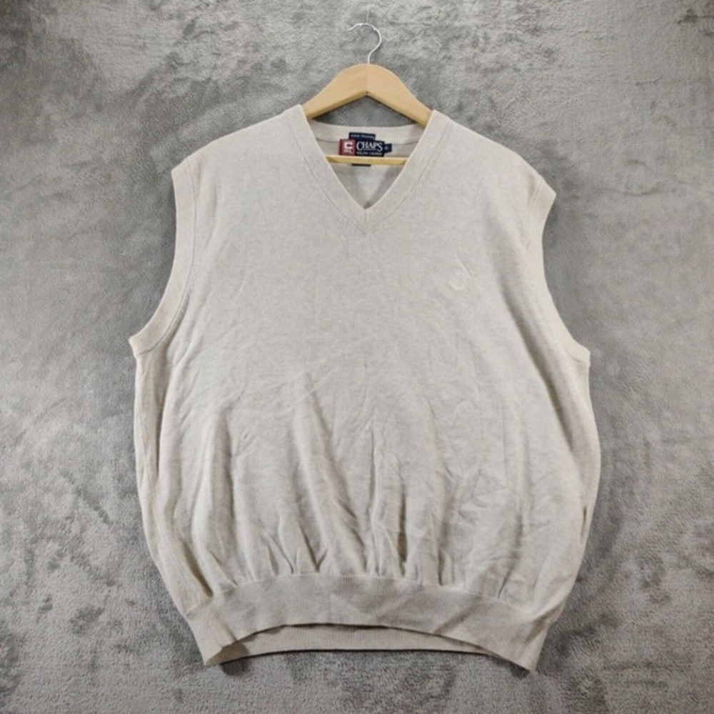 Chaps Ralph Lauren Sweater‎ Vest Mens XL Beige Logo Crest V-Neck Sleeveless Knit